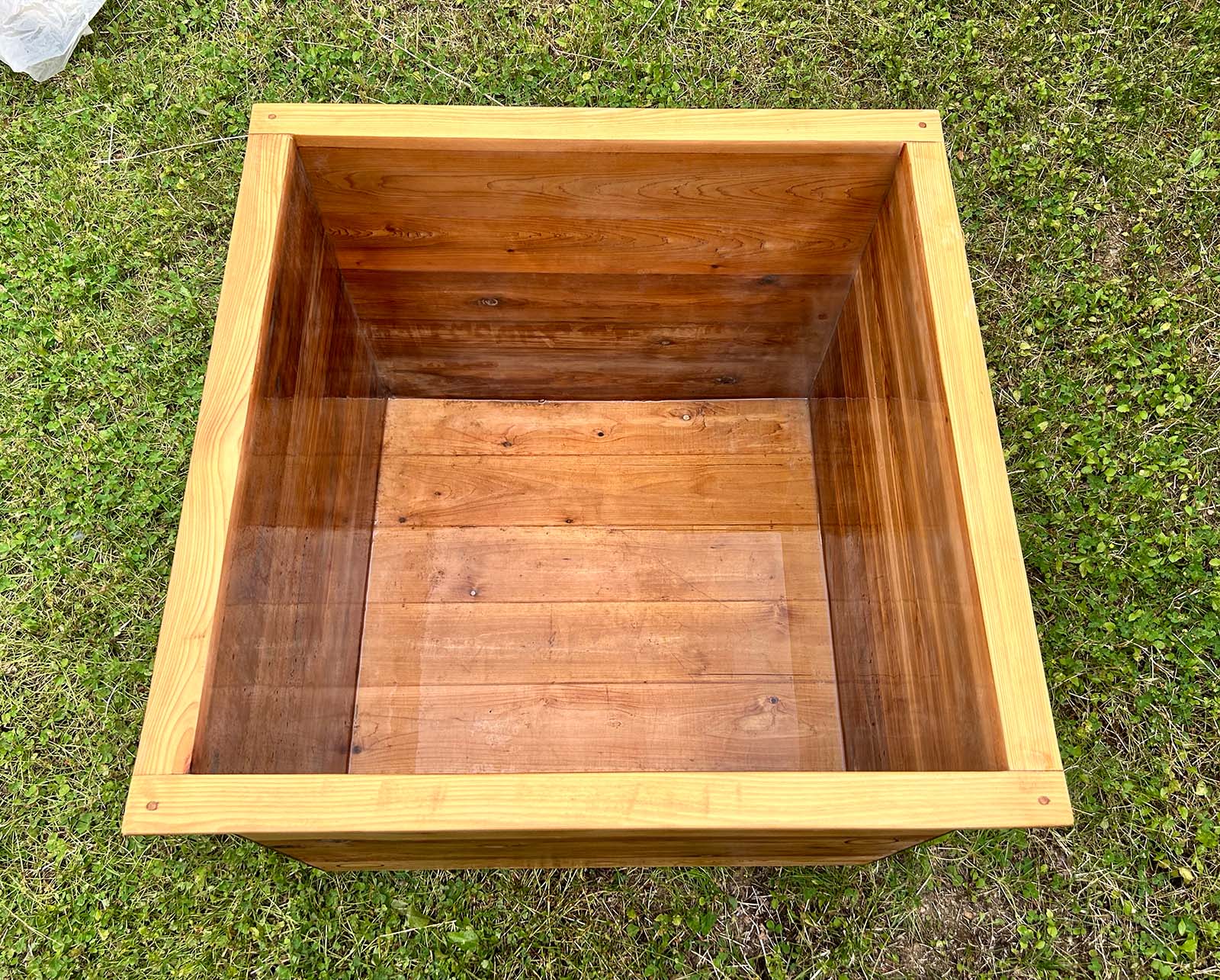 Cedar cold plunge interior — top-down view of the wood construction