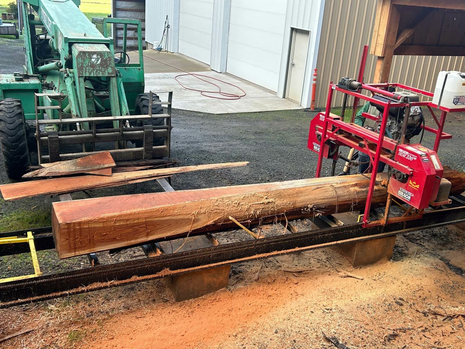 Western red cedar log on a bandsaw mill