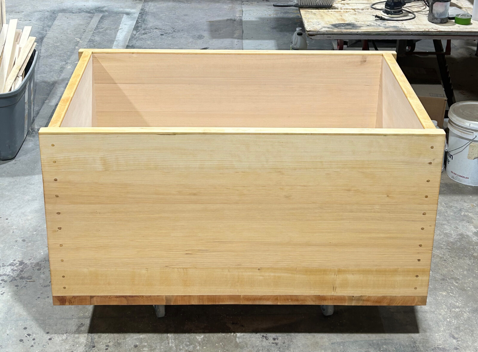 Clear Port Orford cedar tub in the shop, long side, before the lining is added