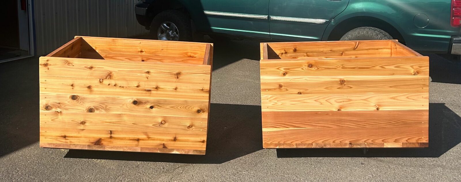 Two finished select tight knot cedar hot tubs side by side
